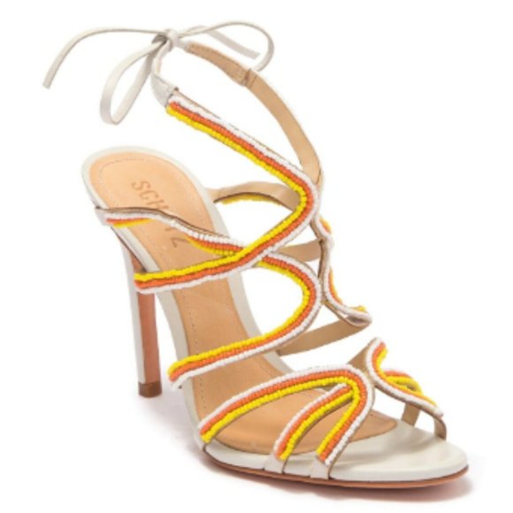 Schutz Meera Strappy Sandals Ankle Strap Tri-color Beaded High Stiletto Heels